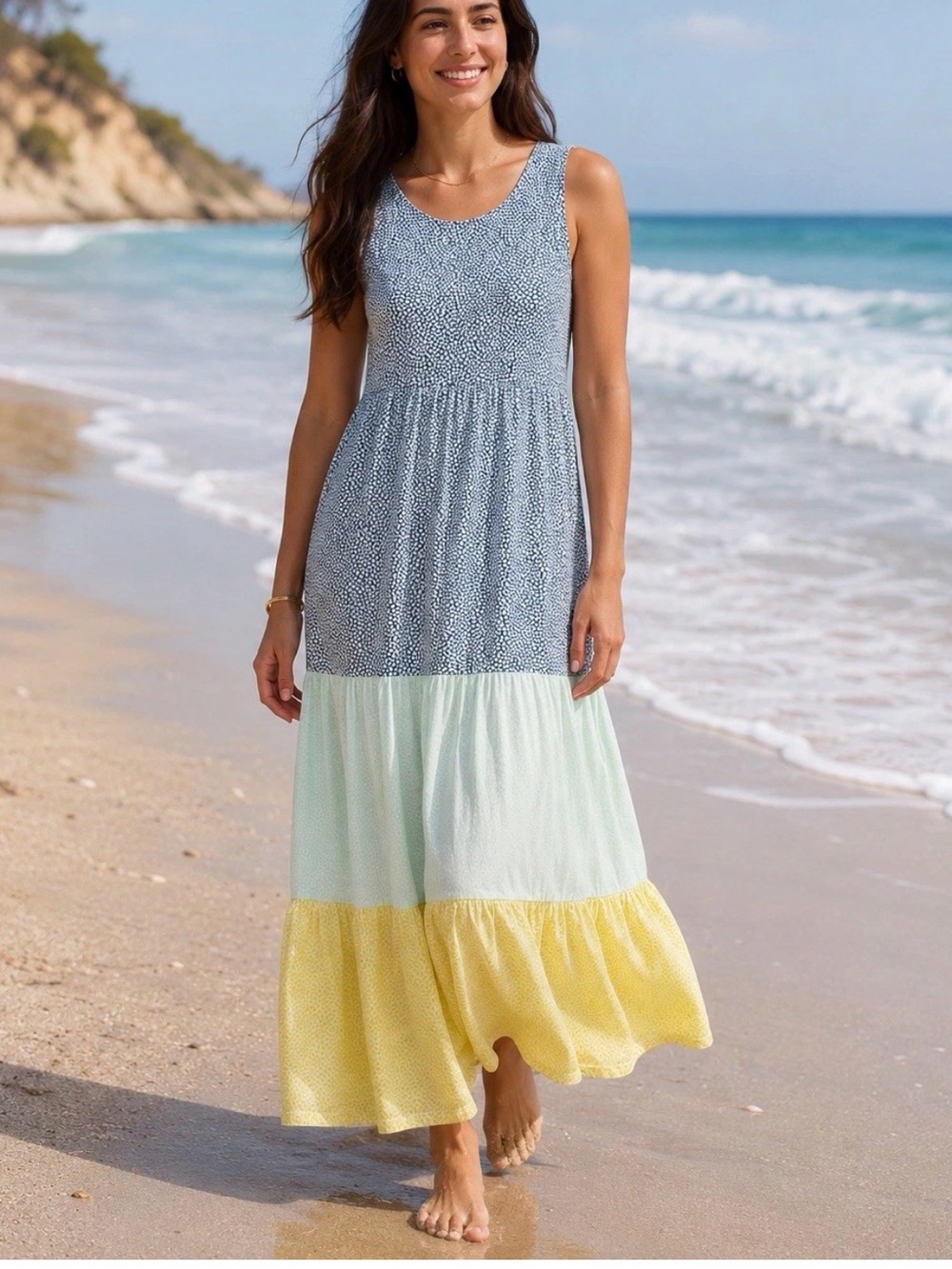 Lands End Sleeveless Colorblock Maxi Dress in Blue, Mint & Yellow
